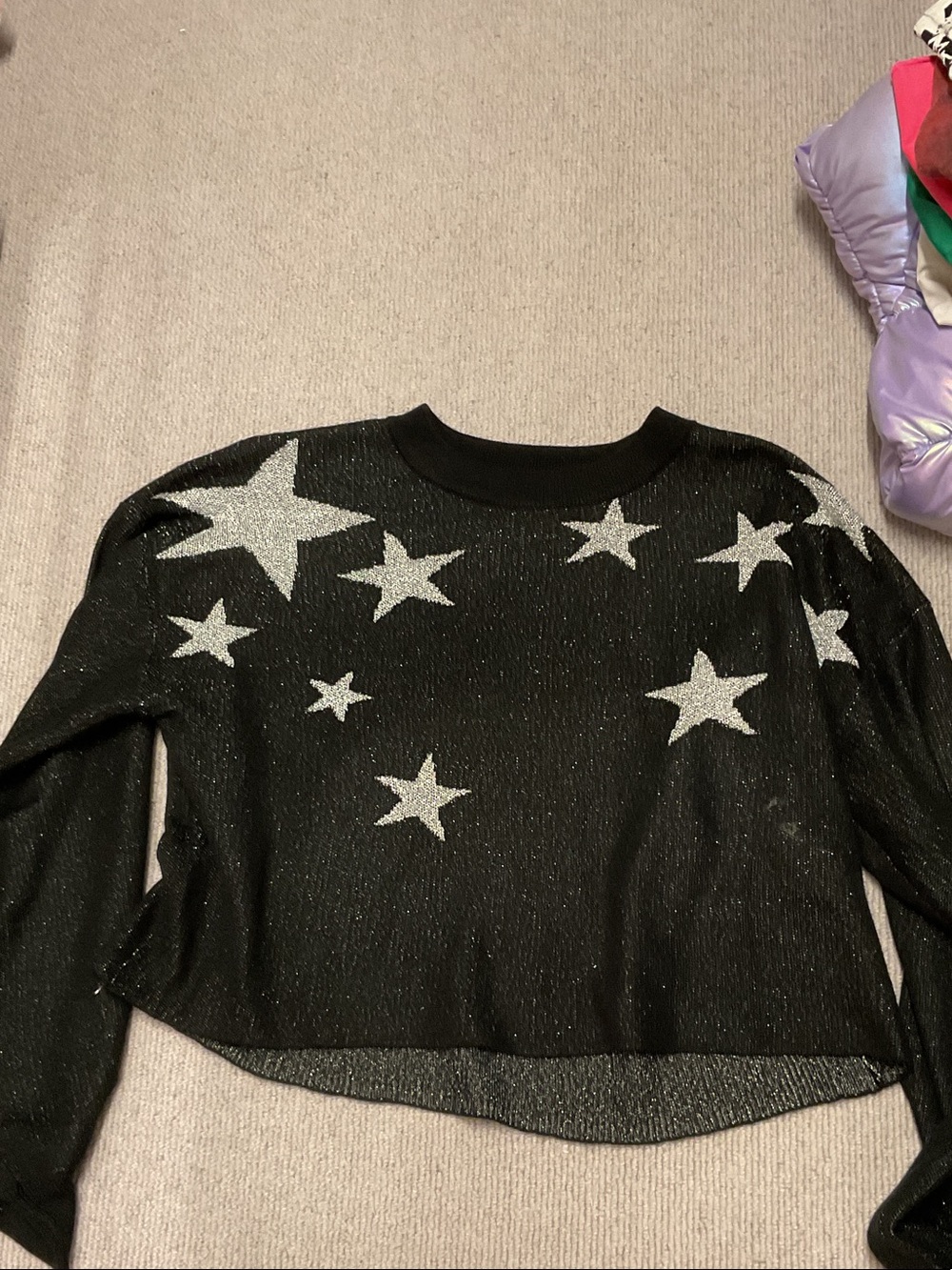 Beach Riot Women’s Black Sheer Crewneck Sweater with Silver Stars